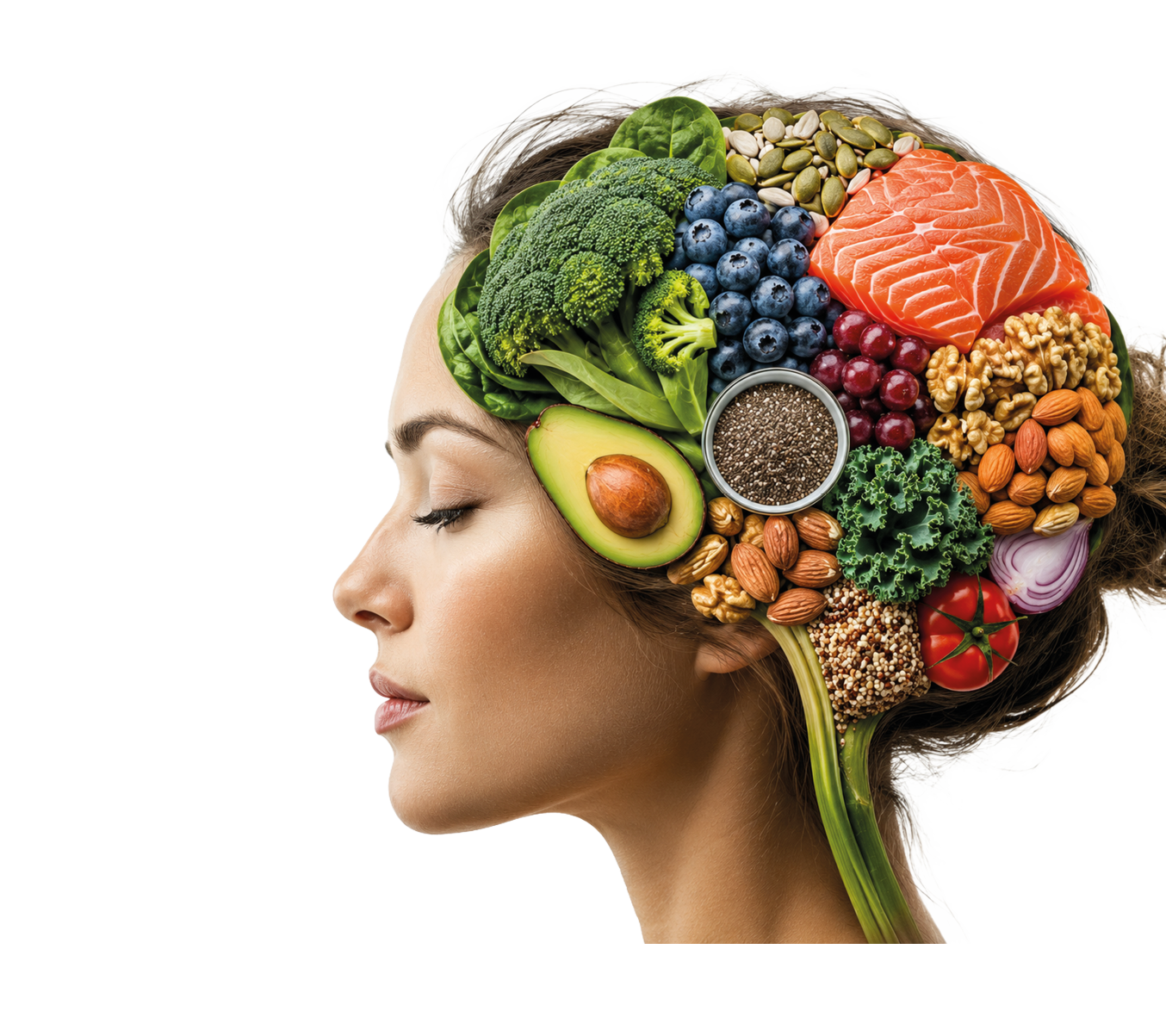 A woman with a head made of fruits and vegetables. Description generated by AI