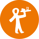 A white stylized figure holding a small flag on an orange background. Description generated by AI
