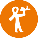 A stylized white figure holding a tray with a glass on it is set against an orange circular background. Description generated by AI