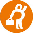 A white silhouette of a person holding a briefcase is set against an orange circular background. Description generated by AI