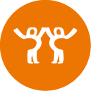 Two stylized white figures with raised arms face each other against an orange background. Description generated by AI