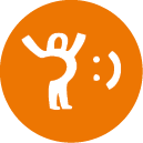 A white abstract figure resembling a person flexing an arm muscle is set against an orange circular background. Description generated by AI