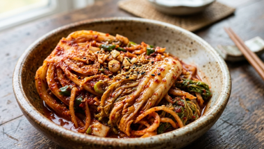 Gezonde bedrijfscatering met buffetverrijkers, kimchi, augurken en lunch op kantoor